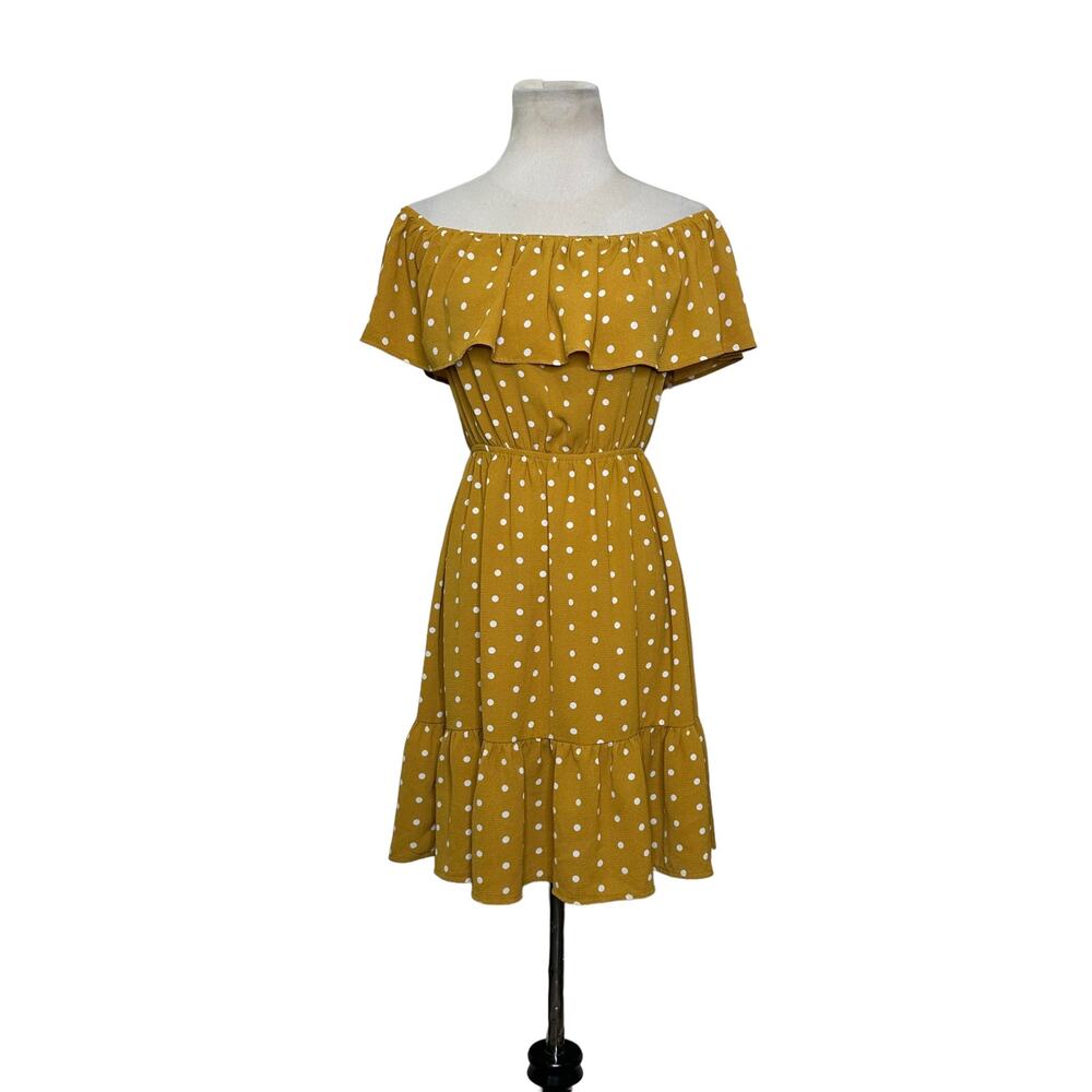 Forever 21 yellow white polka dots off shoulder mini dress size Small